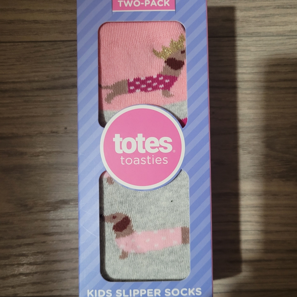 2 Pairs of Kids Dachshund Dog Puppy Slipper Socks Pink & Gray 3-6 Years